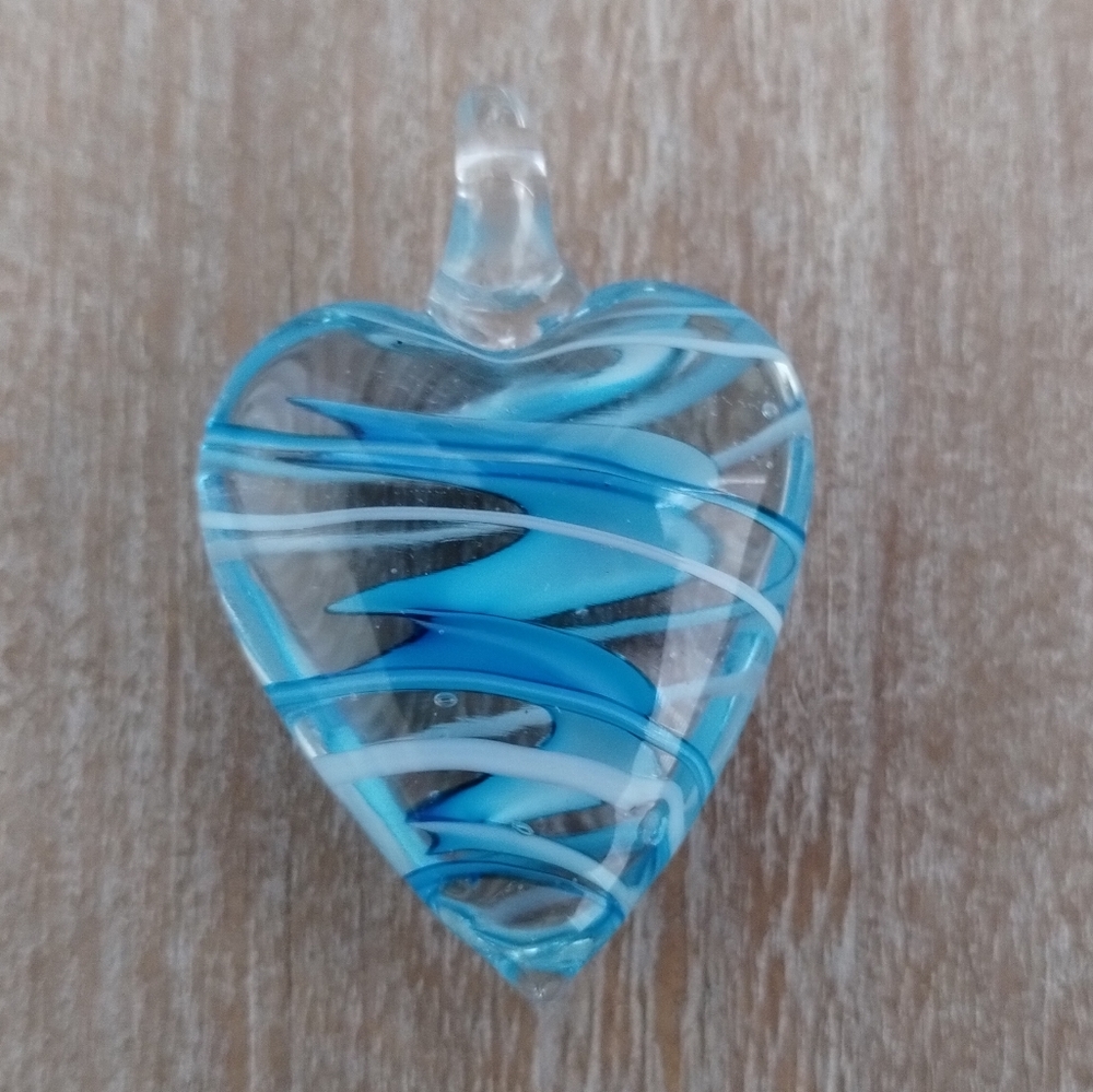 Hand Blown Glass Heart Pendant Blue Swirls 1.5" - Picture 5 of 7